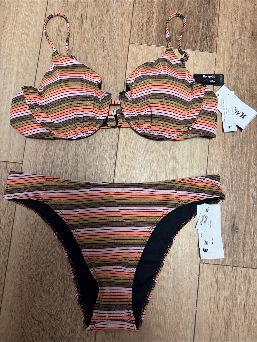 Hurley Striped NWT XL Two-Piece Bikini Pink, Orange, Brown Stripe shimmer